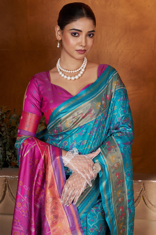 Scintillating Firozi Paithani Silk Saree With Luxuriant Blouse Piece