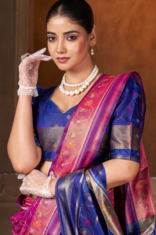 Gorgeous Magenta Paithani Silk Saree With Flameboyant Blouse Piece