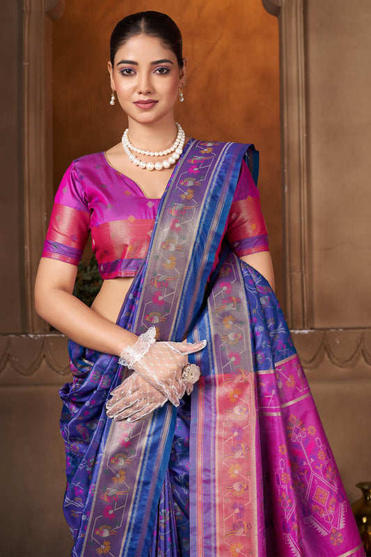 Admirable Navy Blue Paithani Silk Saree With Scrumptious Blouse Piece
