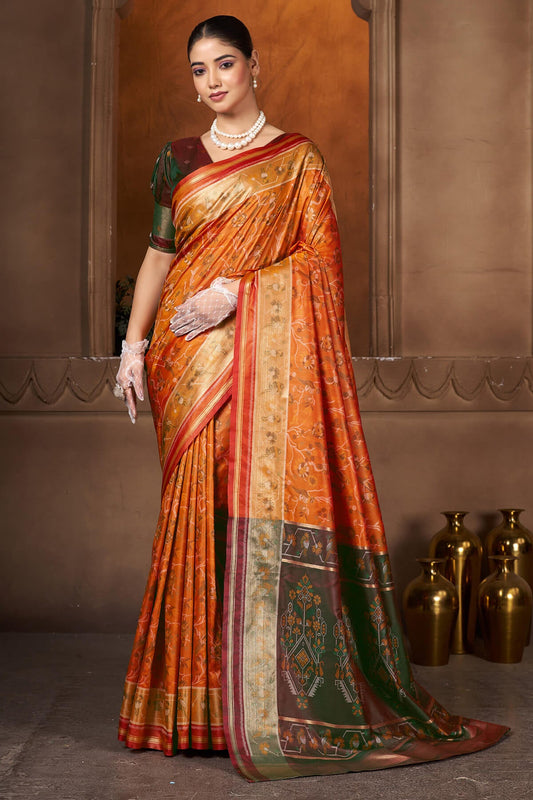 Snappy Orange Paithani Silk Saree With Blissful Blouse Piece