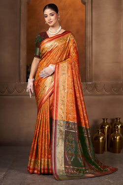 Snappy Orange Paithani Silk Saree With Blissful Blouse Piece