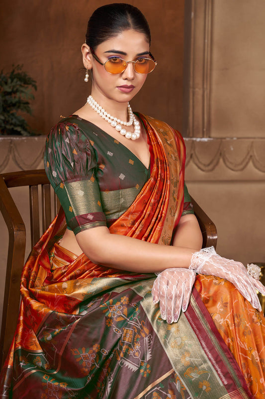 Snappy Orange Paithani Silk Saree With Blissful Blouse Piece