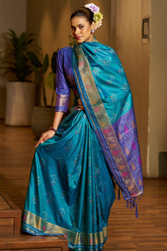 Girlish Firozi Pure Zari Weaving Banarasi Silk Saree With Bucolic Blouse Piece