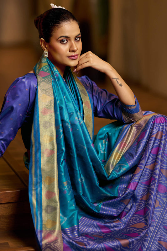 Girlish Firozi Pure Zari Weaving Banarasi Silk Saree With Bucolic Blouse Piece