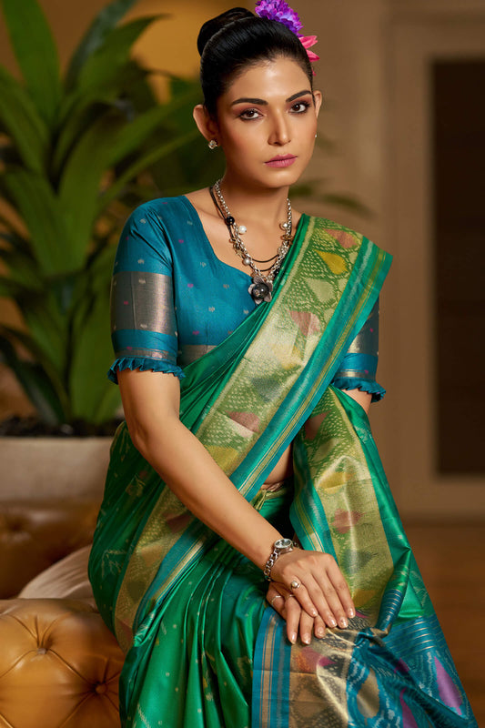 Desuetude Green Pure Zari Weaving Banarasi Silk Saree With Rhapsody Blouse Piece