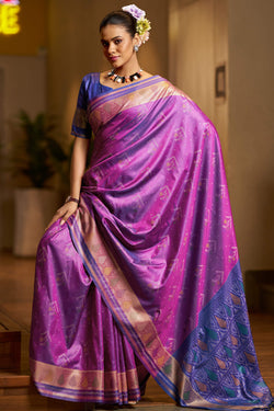Posh Purple Pure Zari Weaving Banarasi Silk Saree With Skinny Blouse Piece