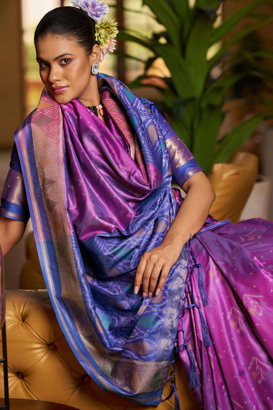 Posh Purple Pure Zari Weaving Banarasi Silk Saree With Skinny Blouse Piece