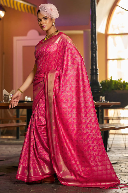 Stunning Dark Pink Pure Zari Weaving Banarasi Silk Saree With Glowing Blouse Piece