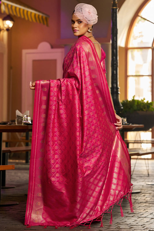 Stunning Dark Pink Pure Zari Weaving Banarasi Silk Saree With Glowing Blouse Piece
