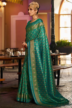 Blissful Green Pure Zari Weaving Banarasi Silk Saree With Flaunt Blouse Piece
