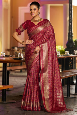 Capricious Maroon Pure Zari Weaving Banarasi Silk Saree With Innovative Blouse Piece
