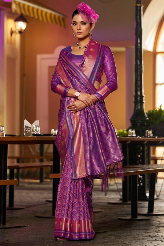 Extraordinary Purple Pure Zari Weaving Banarasi Silk Saree With Sumptuous Blouse Piece