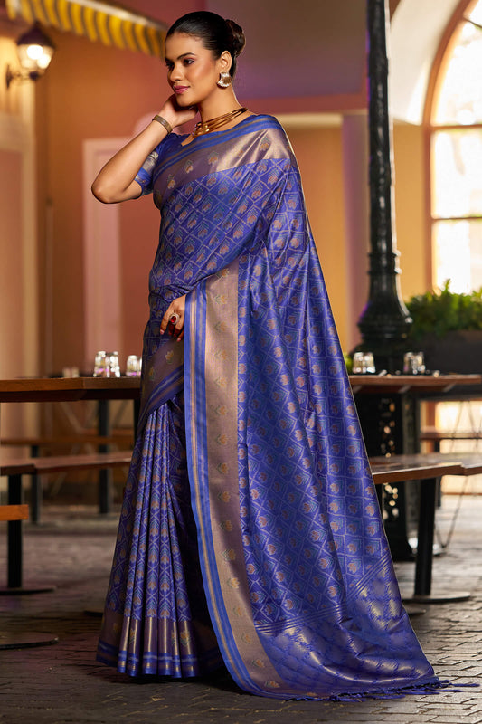 Flattering Royal Blue Pure Zari Weaving Banarasi Silk Saree With Prettiest Blouse Piece
