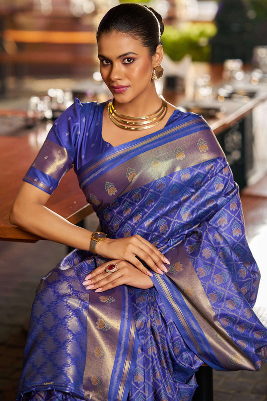 Flattering Royal Blue Pure Zari Weaving Banarasi Silk Saree With Prettiest Blouse Piece