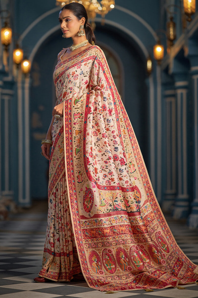 Jubilant Beige Pashmina Saree With Impressive Blouse Piece