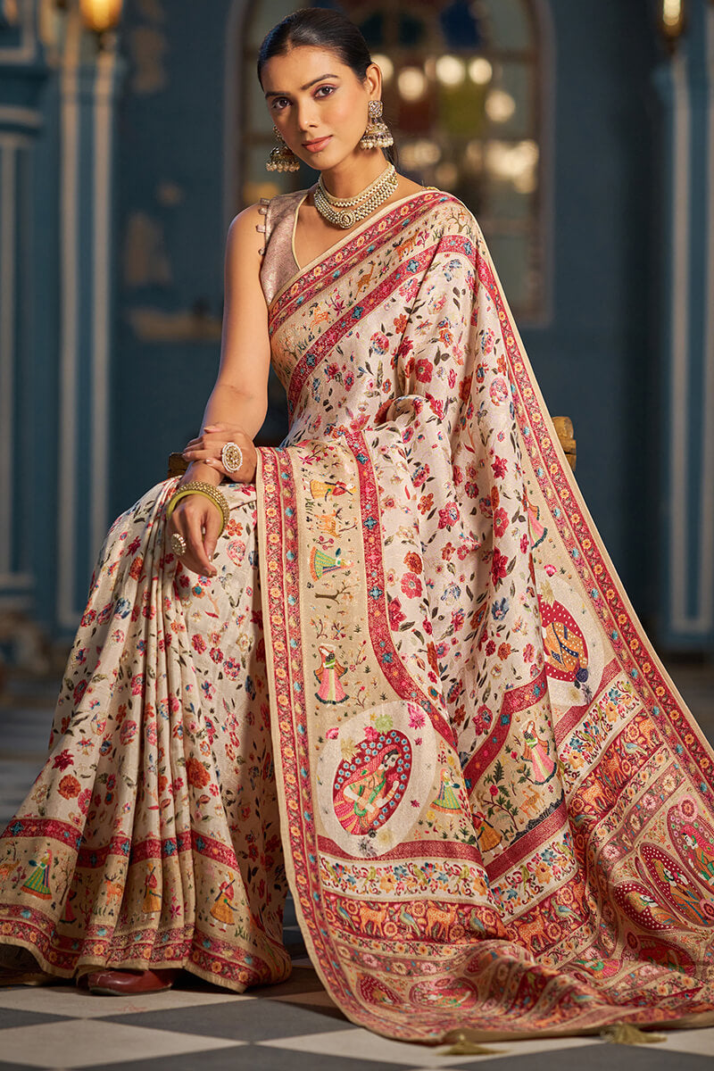 Jubilant Beige Pashmina Saree With Impressive Blouse Piece