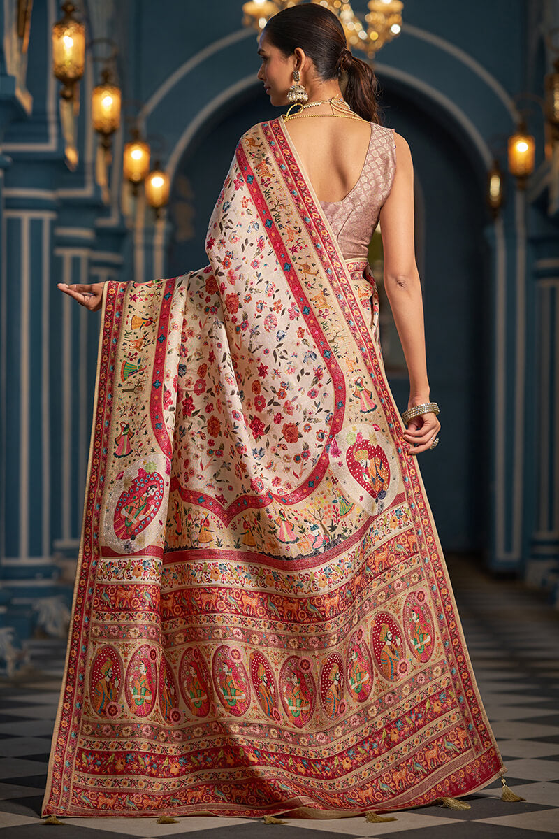 Jubilant Beige Pashmina Saree With Impressive Blouse Piece