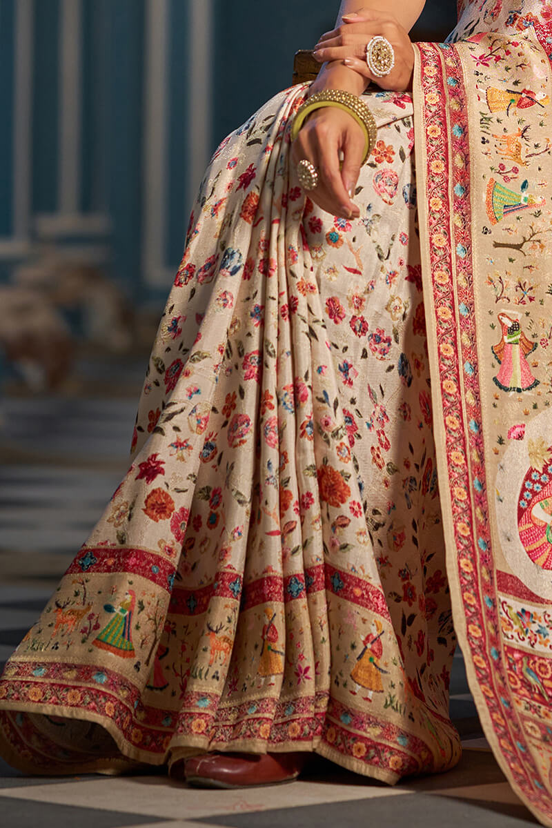 Jubilant Beige Pashmina Saree With Impressive Blouse Piece