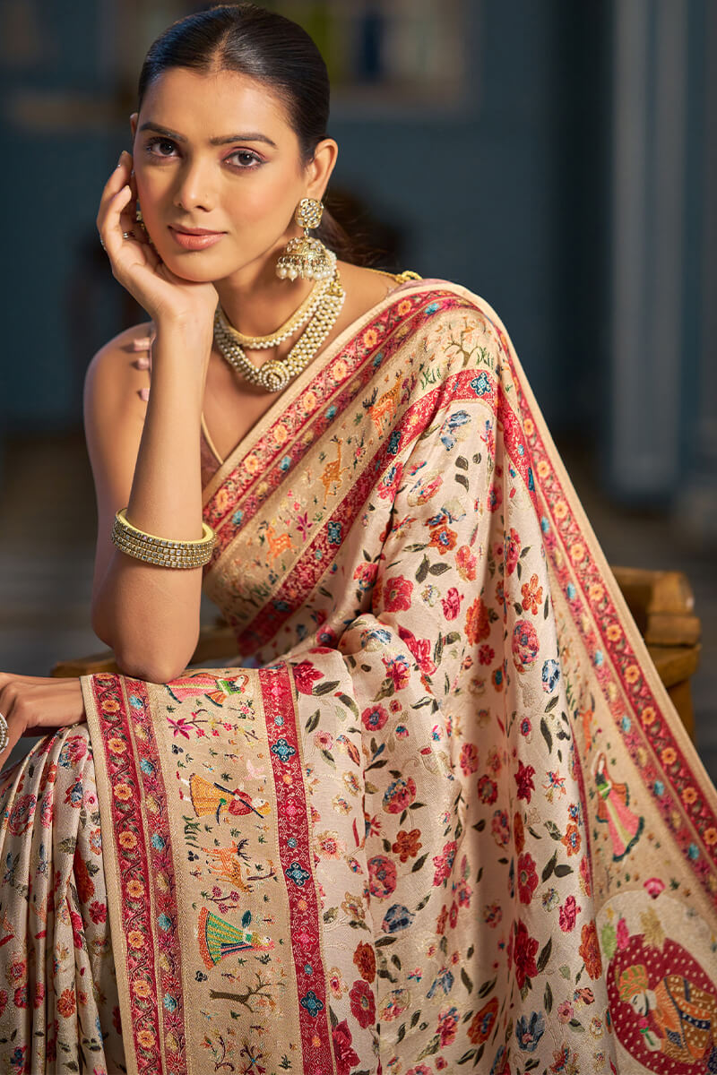 Jubilant Beige Pashmina Saree With Impressive Blouse Piece