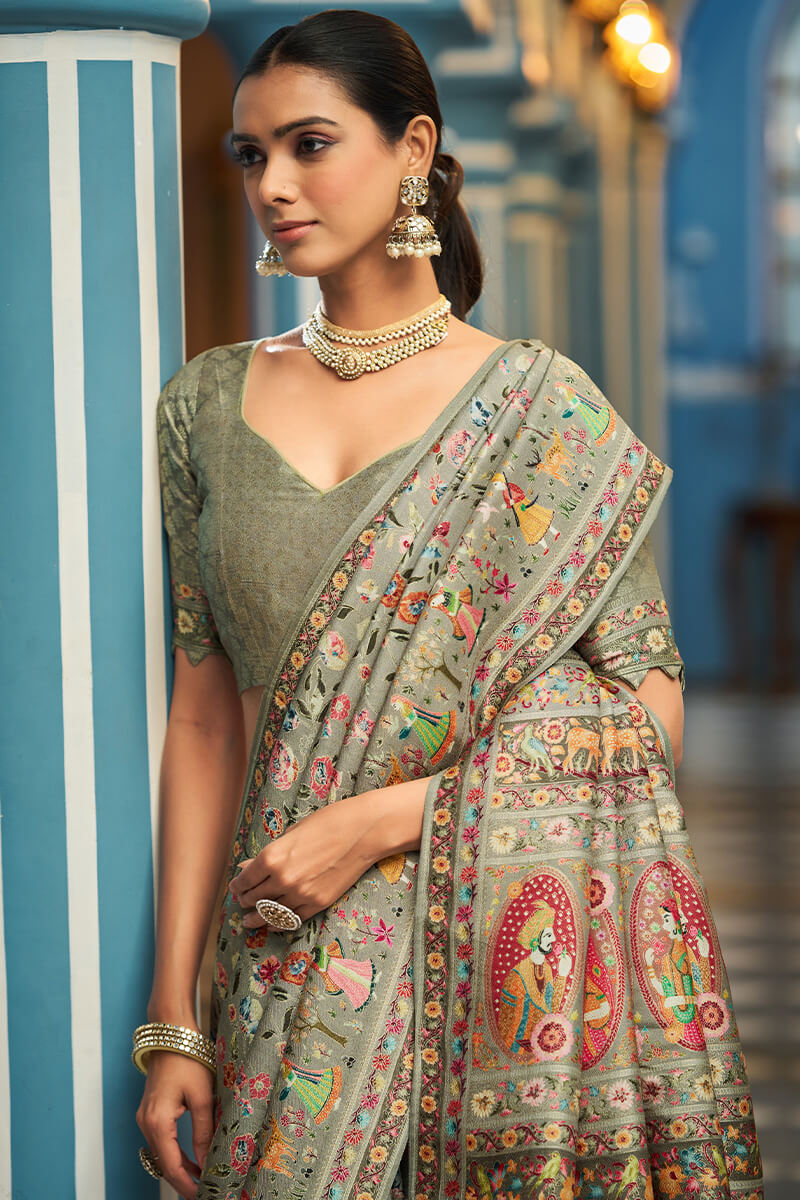 Allure Green Pashmina Saree With Profuse Blouse Piece