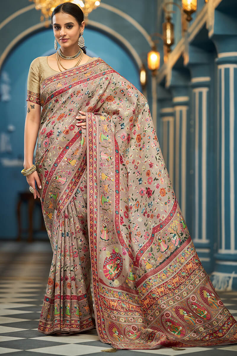 Surreptitious Grey Pashmina Saree With Improbable Blouse Piece