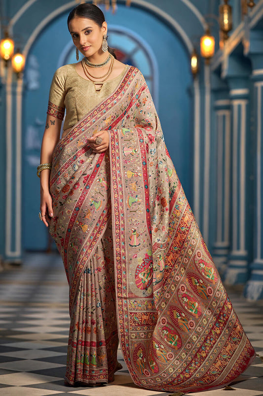 Surreptitious Grey Pashmina Saree With Improbable Blouse Piece