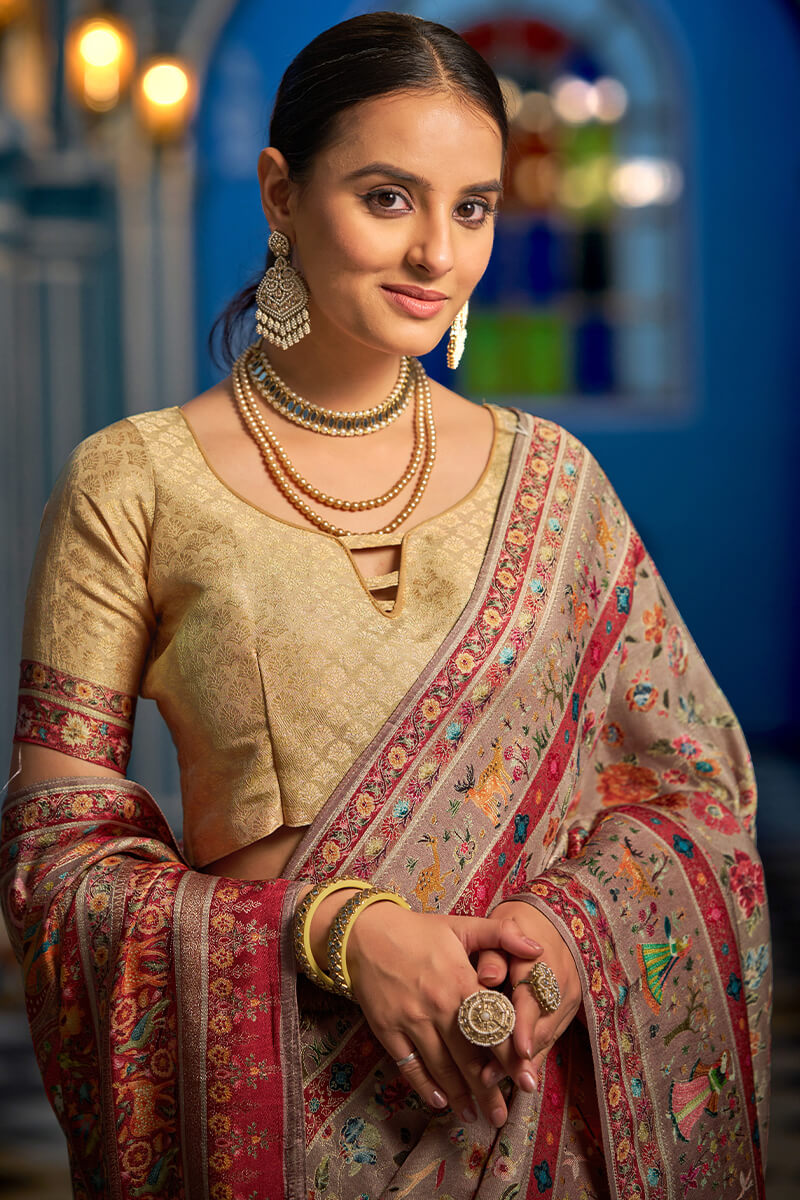 Surreptitious Grey Pashmina Saree With Improbable Blouse Piece