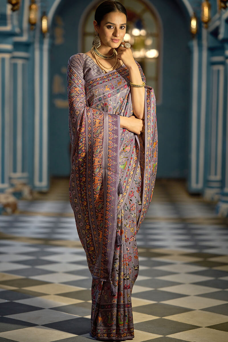 Beautiful Lavender Pashmina Saree With Vestigial Blouse Piece