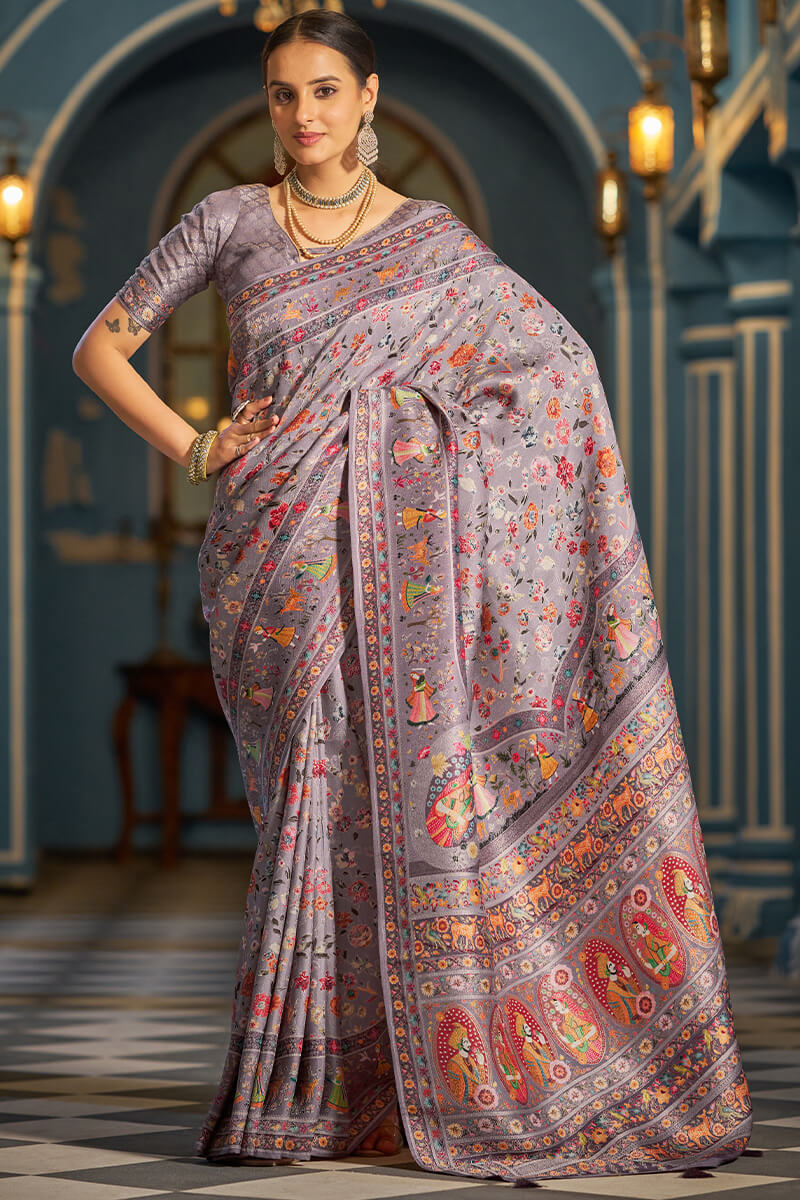 Beautiful Lavender Pashmina Saree With Vestigial Blouse Piece