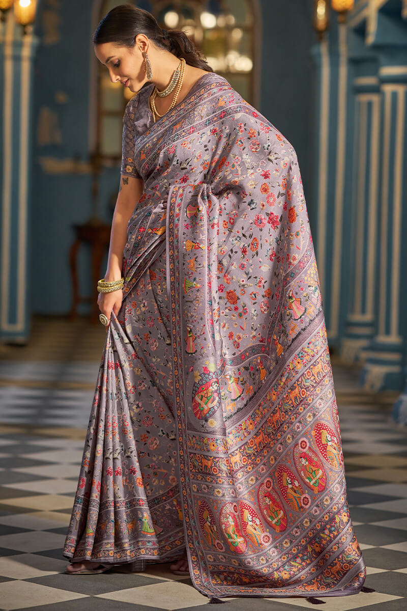 Beautiful Lavender Pashmina Saree With Vestigial Blouse Piece