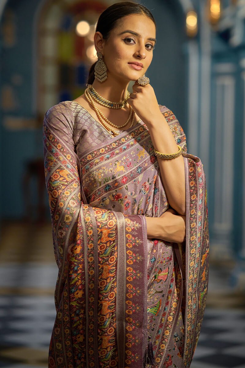 Beautiful Lavender Pashmina Saree With Vestigial Blouse Piece