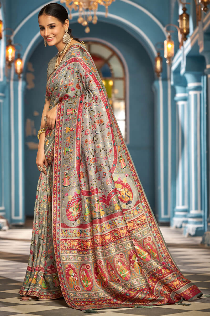 Stunning Silver Pashmina Saree With Ineffable Blouse Piece