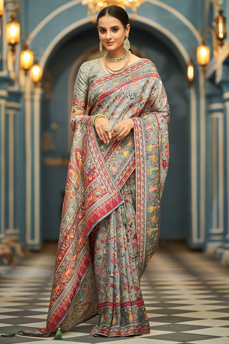 Stunning Silver Pashmina Saree With Ineffable Blouse Piece