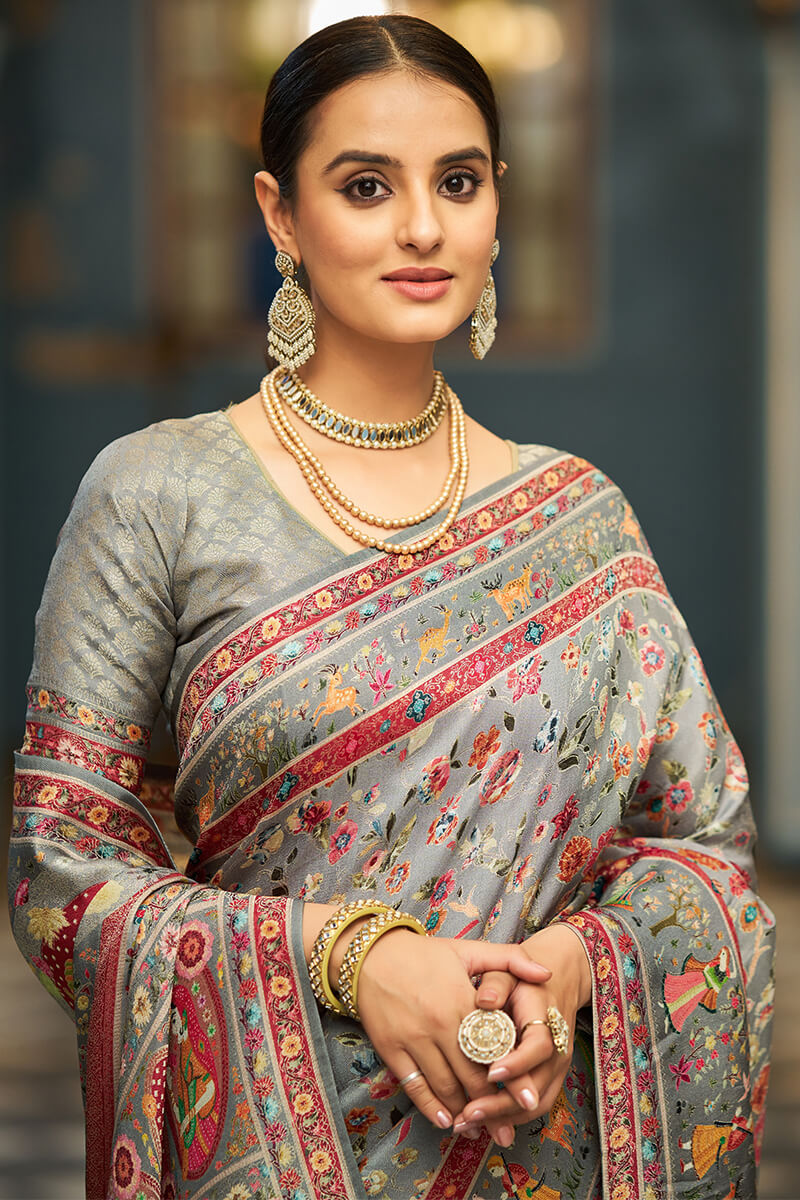 Stunning Silver Pashmina Saree With Ineffable Blouse Piece