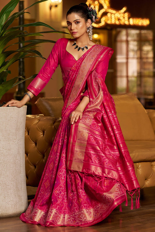Epiphany Dark Pink Pure Zari Weaving Banarasi Silk Saree With Eclat Blouse Piece