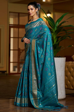 Vestigial Firozi Pure Zari Weaving Banarasi Silk Saree With Invaluable Blouse Piece