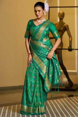 Unique Green Pure Zari Weaving Banarasi Silk Saree With Surreptitious Blouse Piece