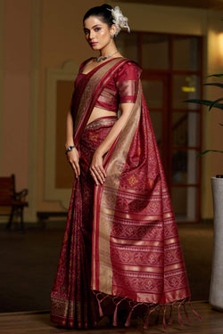 Ideal Maroon Pure Zari Weaving Banarasi Silk Saree With Mesmeric Blouse Piece