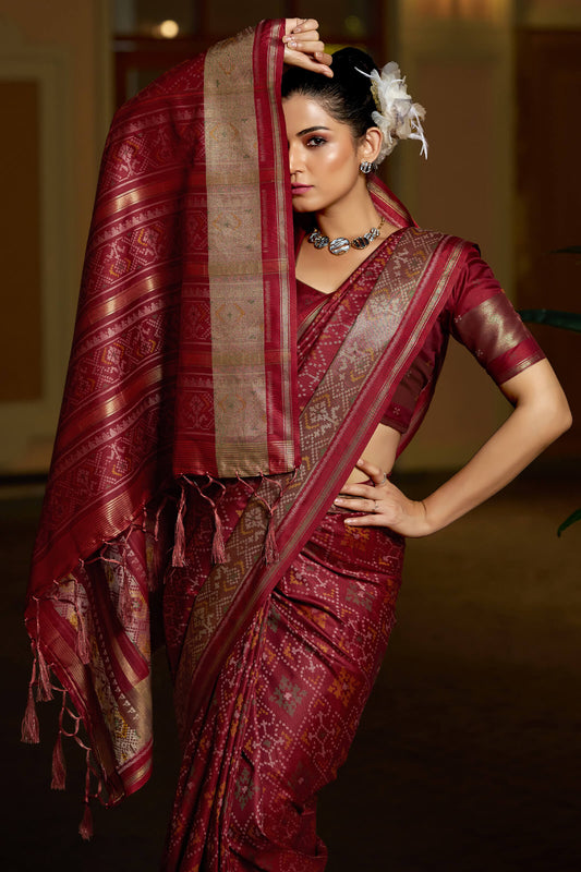 Ideal Maroon Pure Zari Weaving Banarasi Silk Saree With Mesmeric Blouse Piece