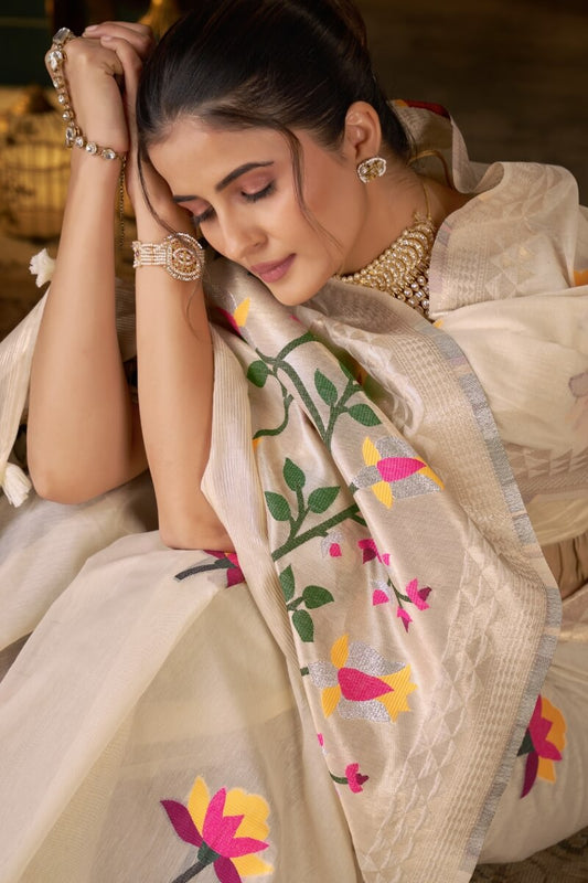 Demesne Beige Cotton Silk Saree With Ethereal Blouse Piece