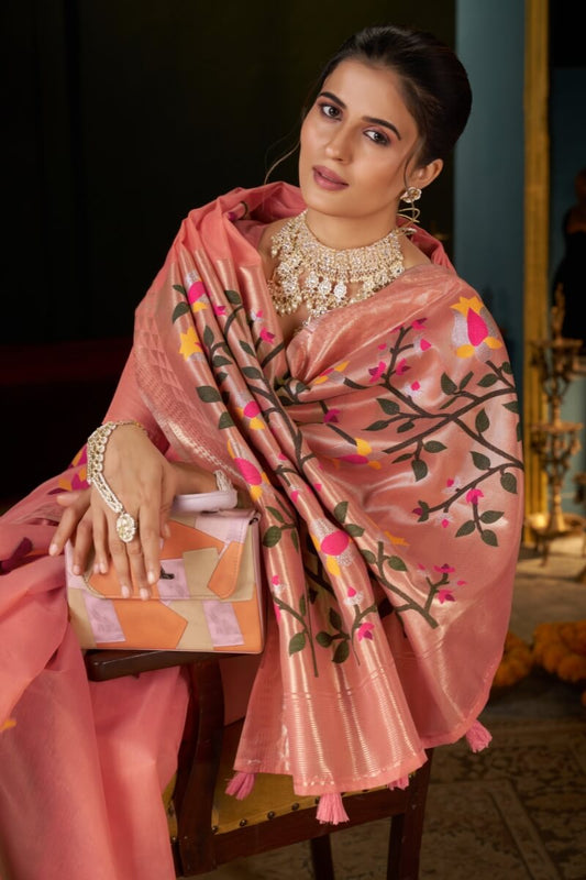 Sensational Peach Cotton Silk Saree With Glorious Blouse Piece