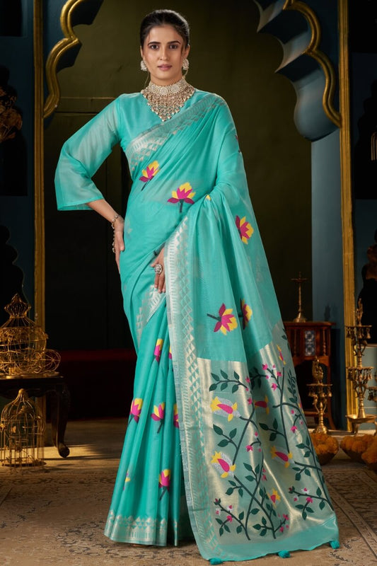 Bucolic Turquoise Cotton Silk Saree With Excellent Blouse Piece