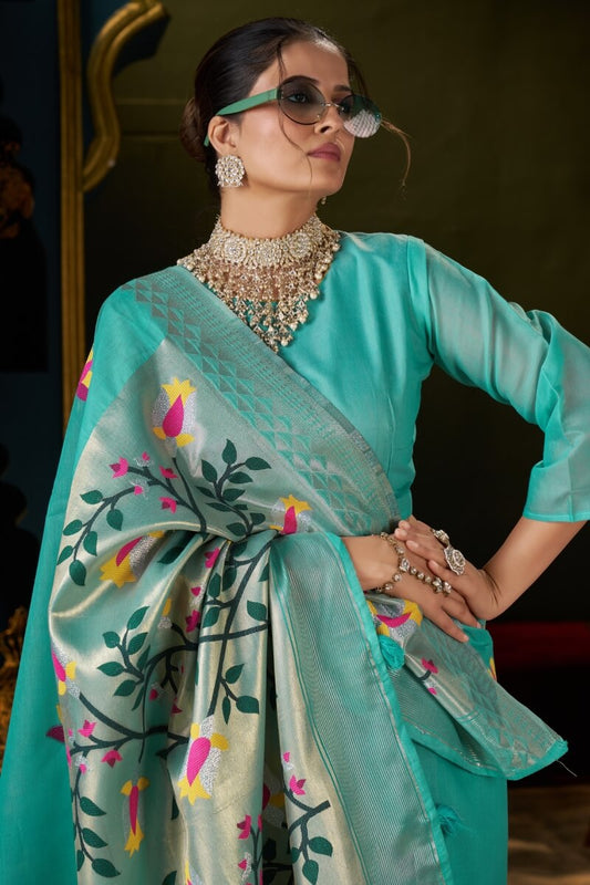 Bucolic Turquoise Cotton Silk Saree With Excellent Blouse Piece