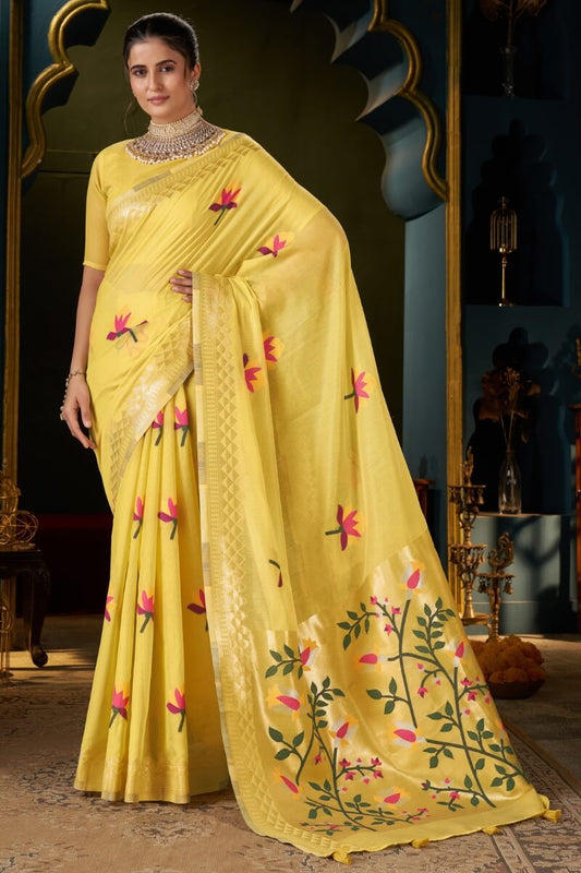 Tantalizing Yellow Cotton Silk Saree With Groovy Blouse Piece