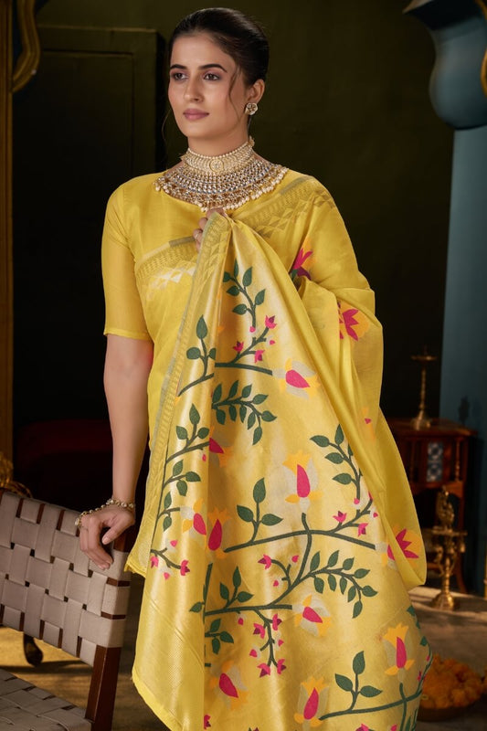 Tantalizing Yellow Cotton Silk Saree With Groovy Blouse Piece