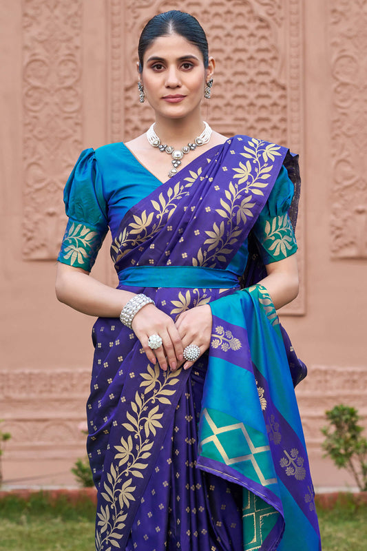 Desultory Royal Blue Pure Zari Weaving Banarasi Silk Saree With Pleasant Blouse Piece