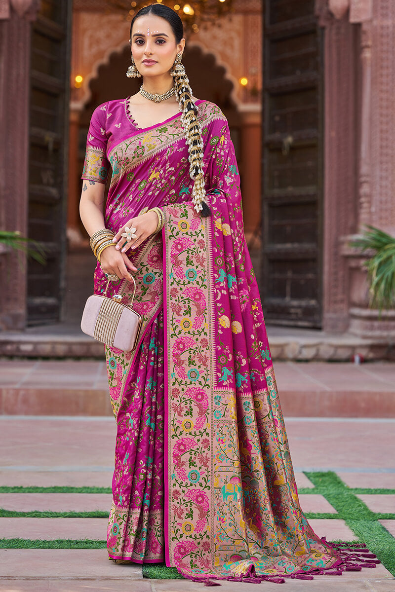 Flaunt Magenta Paithani Silk Saree With Nebula Blouse Piece