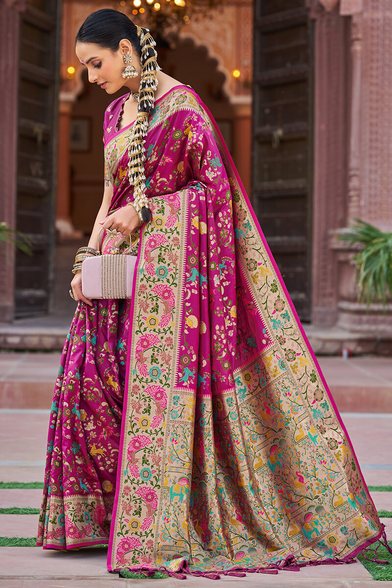Flaunt Magenta Paithani Silk Saree With Nebula Blouse Piece