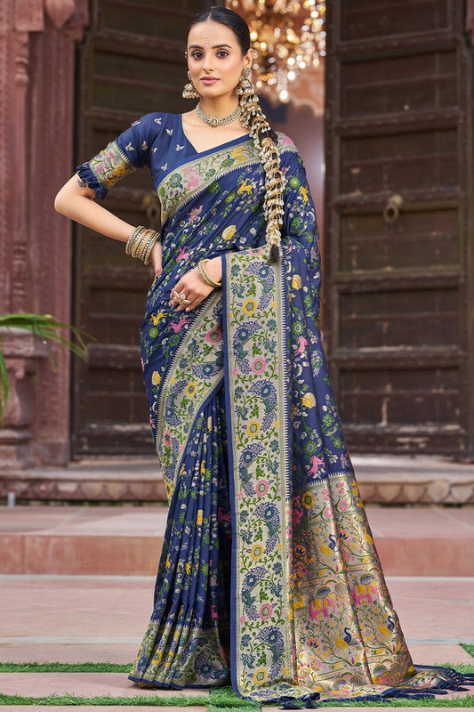 Lissome Navy Blue Paithani Silk Saree With Charming Blouse Piece