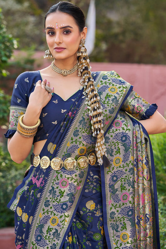 Lissome Navy Blue Paithani Silk Saree With Charming Blouse Piece